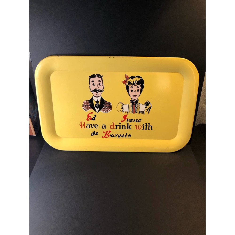Vintage yellow metal bar tray with fun graphics